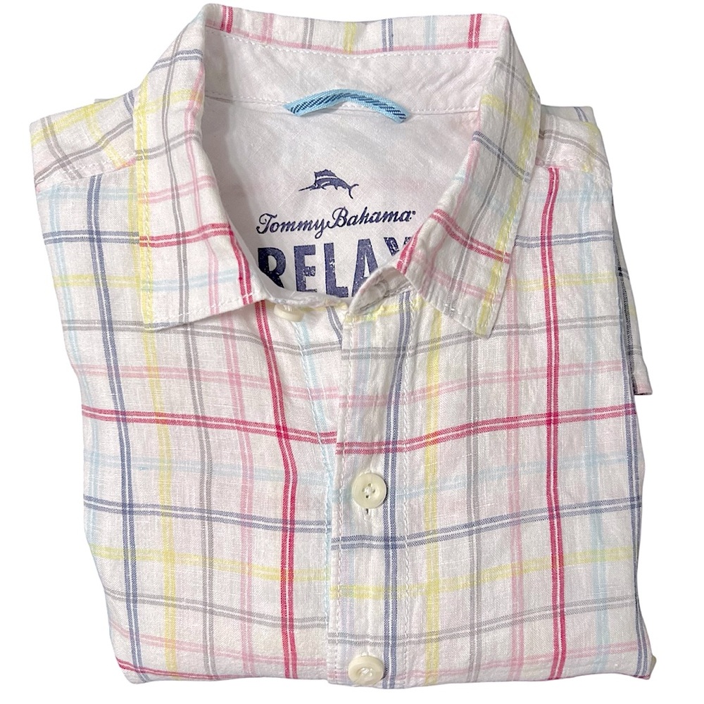 TOMMY BAHAMA MENS LINEN RELAX WHITE MULTI STRIPE SHORT SLEEVE BUTTON DOWN M